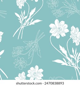 set of white aquilegia vulgaris flowers with blossomed buds and not yet blossomed, branches with leaves, sketch vector graphics color illustration on turquoise background