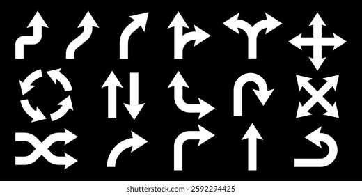 Set of white arrow icons on a black background. Various arrow directions, including curved, straight, and circular arrows. Navigation and direction symbols. Element vector set.