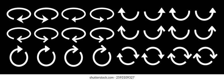 Set of white arrow icons on a black background. Various arrow directions and styles. Arrows include circular, curved, and straight designs. Element vector set.