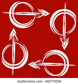 Set of white arrows drawn by brush on red background. Signs of the directions in a circle. Vector illustration EPS 8