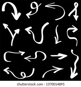 Set with white arrows on black background, hand drawn symbols, pointers, collection for your design