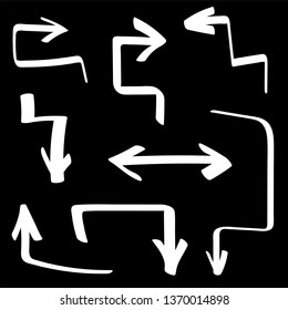 Set with white arrows on black background, hand drawn symbols, pointers, collection for your design