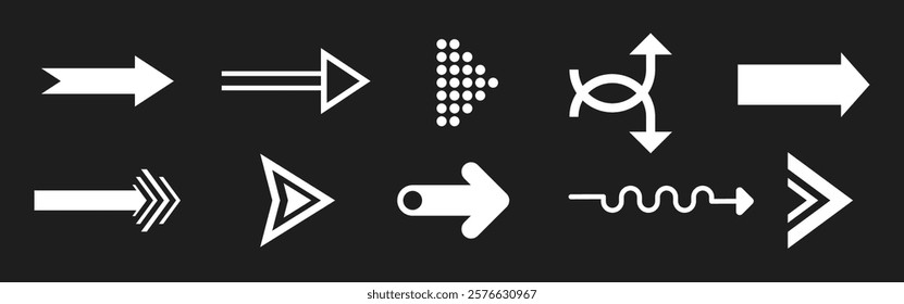 Set of white arrows on a black background. Various arrow designs, including straight, curved, and dotted arrows. Arrows pointing in different directions. Element vector set.