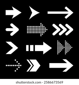 Set of white arrows on black background. Various arrow designs, including dotted and solid styles. Arrows pointing in different directions, emphasizing movement. Element vector set.