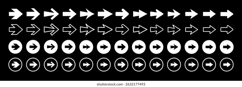 Set of white arrows on black background. Various arrow designs in rows. Circular and straight arrow patterns. Directional arrows in multiple styles. Element vector set.