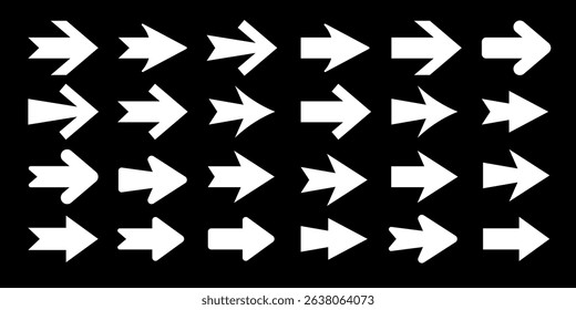 Set of white arrows on a black background. Various arrow designs pointing left and right. Bold arrow shapes. Directional arrows for design use. Element vector set.