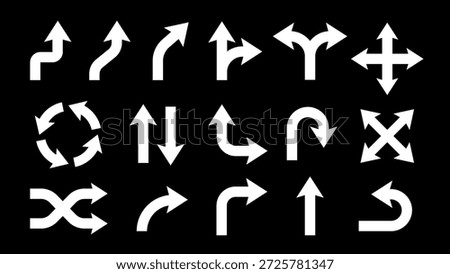 Set of white arrows on a black background. Various arrow designs include straight, curved, and circular. Directional arrows for navigation and design. Element vector set.