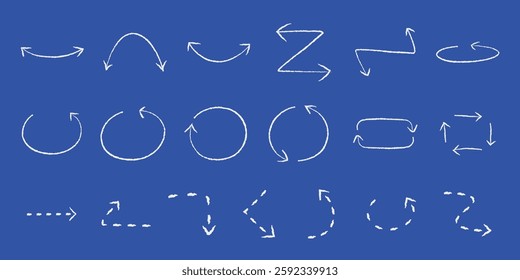 Set of white arrows on a blue background. Arrows pointing in various directions. Curved, straight, and zigzag arrows. Arrows for navigation and design. Element vector set.