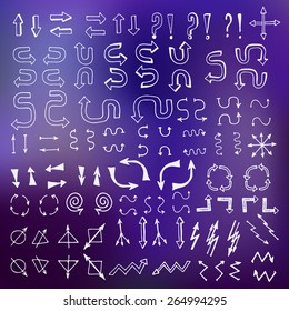 Set of white arrows on blurred background. Hand drawn vector illustration