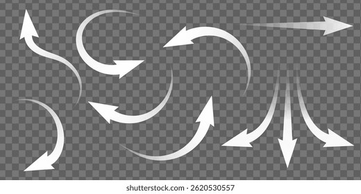 Set of white arrows showing air flow direction, isolated on transparent background.