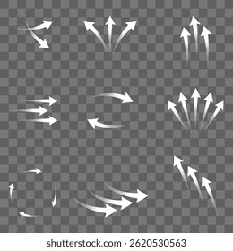 Set of white arrows showing air flow direction, isolated on transparent background.