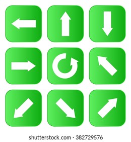 Set of white arrows showing in different directions on green squares in a row and the row