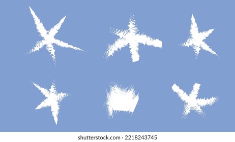 Set of white artistic five pointed stars in brush strokes isolated. Vector clipart for decoration.
