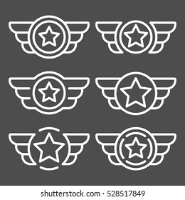 Set of the white avia badges with wings. Aviation emblem set based on wing usage. Vector design element for emblem, insignia, sign, identity, logotype, game team logo. Isolated vector illustration.