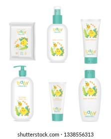 Set of white baby cosmetic tubes with colorful kids design. Yellow, orange and green colors. Vector