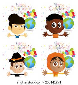 a set of white backgrounds with children, text, balloons and our planet