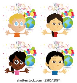 a set of white backgrounds with children, text, balloons and our planet
