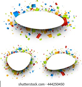 Set of White backgrounds with color confetti. Vector paper illustration.