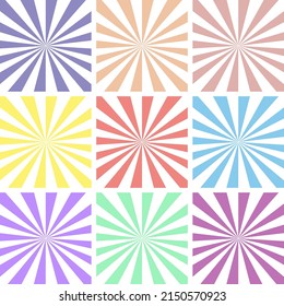 Set of white backgrounds with color sun rays. Abstract summer sun shine. Flat vector illustration