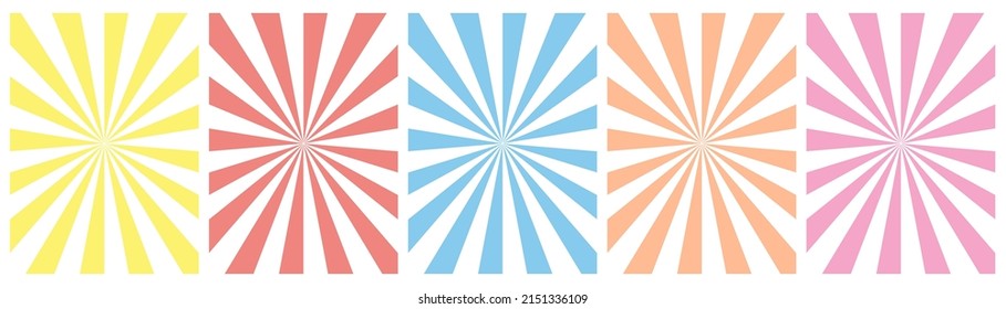 Set of white backgrounds with color sun rays. Abstract summer sun shine. Flat vector illustration