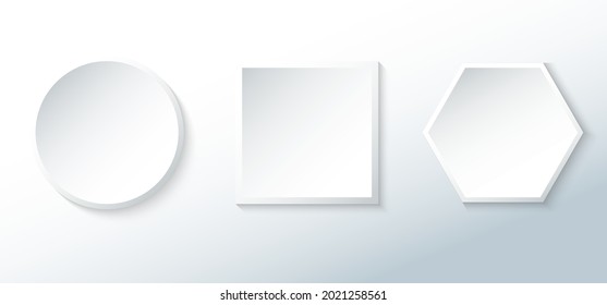 Conjunto de distintivos blancos de forma geométrica estilo 3D botón en blanco. Puedes usar para aplicaciones, sitios web, banner web, etc. Ilustración vectorial