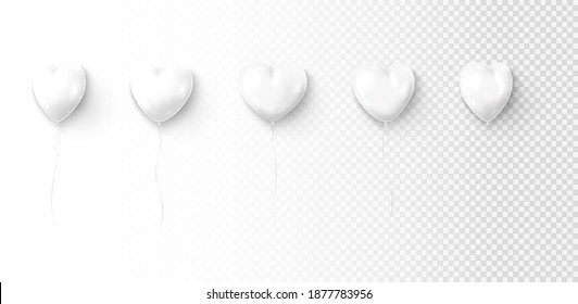 Set of white balloons isolated on checkered background. Vector illustration with realistic heart shaped balloons. Holiday symbols for Valentine's Day decorative design. Valentine's Day symbols.