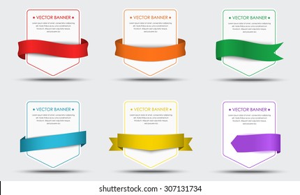Set of white banners with colorful ribbons around them.