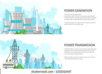 Set of White Banners with Electric Transmission, Nuclear Plant or Thermal Station, Power Station and High Voltage Power Lines Supplies Electricity to City, Vector Illustration