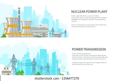 Set of White Banners with Electric Transmission, Nuclear Reactors and High Voltage Power Lines Supplies Electricity to City, Vector Illustration