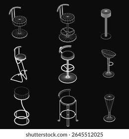 A set of white bar stools arranged in a line, each with a unique design, standing out against a sleek black background. The minimalist composition highlights the clean lines and modern aesthetic