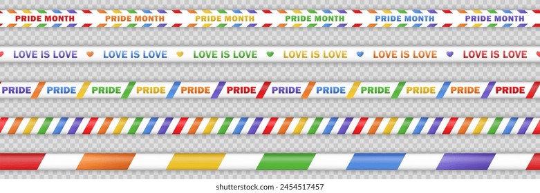 Conjunto de cintas de barricada blanca con rayas diagonales de la bandera LGBT arco iris y el texto "Mes del Orgullo", "El amor es amor" sobre fondo transparente. Plantilla de cintas sin costuras LGBTQ+, rayas para el desfile del orgullo