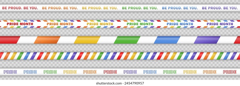 Set of white barricade tapes with rainbow LGBT flag diagonal stripes and text "Pride Month", "Love is love" on transparent background. Template of seamless LGBTQ+ ribbons, stripes for Pride Parade