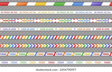 Set of white barricade tapes with rainbow LGBT flag diagonal stripes and text "Pride Month", "Love is love" on transparent background. Template of seamless LGBTQ+ ribbons, stripes for Pride Parade