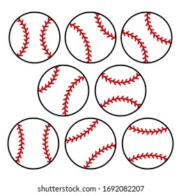 Set of white baseball ball with red stitches. Vector illustration with isolated elements
