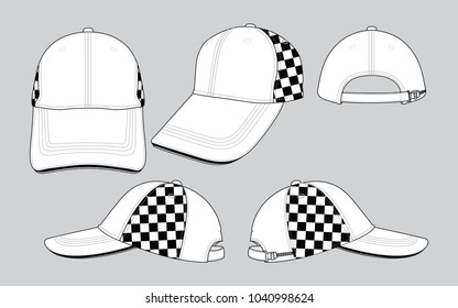 Set White Baseball Cap Design
Black Checkered Pattern On Side Panels Vector.