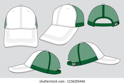 Set White Baseball Cap With Green Mesh Four Panels, Adjustable Plastic Zip Strap Closure Design Vector