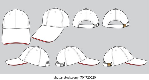 Set white baseball cap with red sandwich and strap back with brass and silver metal buckle closure template on gray background, vecctor file.