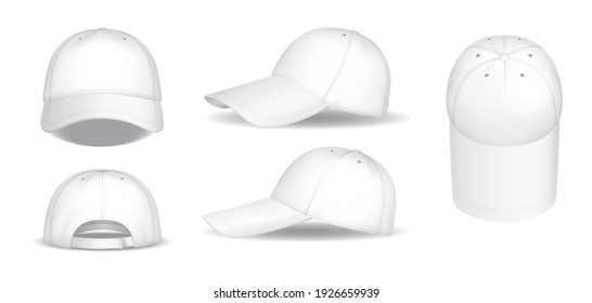 Set of white baseball caps. Realistic caps mockups, front, side and back views isolated on white background. 3d sport hats mock up. Vector illustration