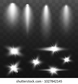 Set white beam lights of different shapes and projections gleaming effect. Stage illuminated spotlight on transparent background. Vector illustration.
