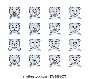 Set of white bear emoticons. Cute polar bear laughing, happy, shocked, suspicious and showing other emotions. Vector illustration bundle