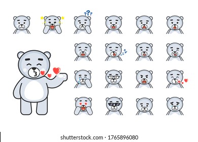 Set of white bear emoticons. Cute polar bear laughing, happy, surprised, angry, crying, sad and showing other emotions. Vector illustration bundle