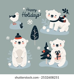 set of white bears for winter holidays, illustrations in flat style