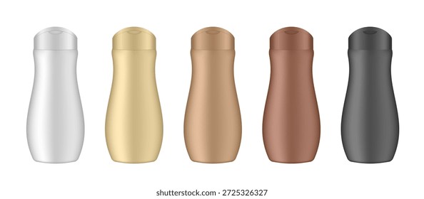 Conjunto de botellas cosméticas blancas, beige, marrones y negras. Maqueta realista. Embalaje coreano. Loción o gel de ducha. Acondicionador o mascarilla para el cabello