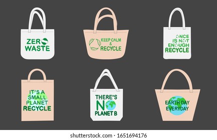 Set of white and beige eco cloth fabric bags with ecology awareness slogans. Vector illustration of canvas tote bags. Quotes for environment concept. Vector illustration.