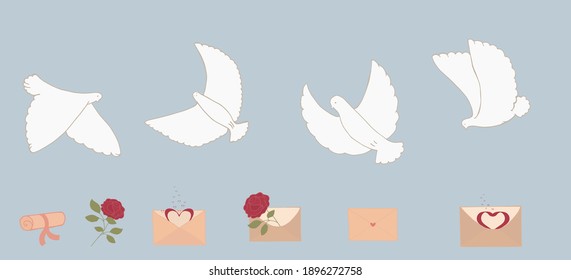 Set with white birds, envelopes with hearts and a rose. Valentine's Day, wedding, celebration. A set of vector isolated images with carrier pigeons and letters.