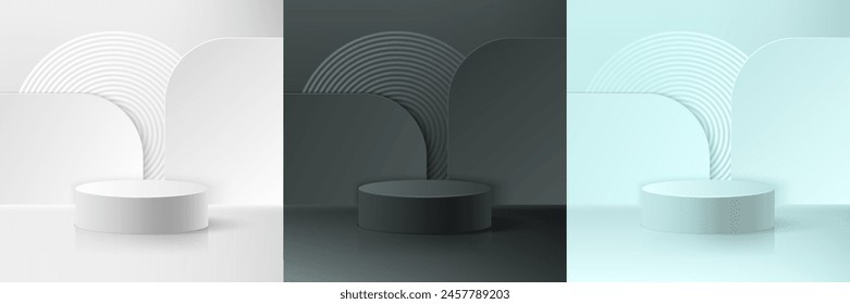 Set of white, black and blue realistic 3D podium. Product presentation. mockup, stage pedestal or platform on abstract geometric background.