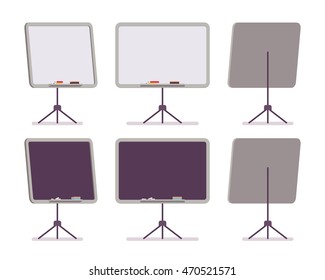 Set of white and black boards on the stand from the different sides isolated against white background. Cartoon vector flat-style concept illustration