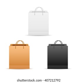 Set of white, black and brown paper shopping bags isolated on white background, illustration.