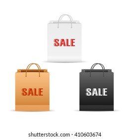 Set of white, black and brown paper shopping bags with inscriptions sale isolated on white background, illustration.