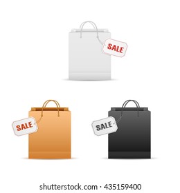 Set of white, black and brown paper shopping bags with sale label, paper shopping bags with inscription the Sale on the label, isolated on white background, illustration.